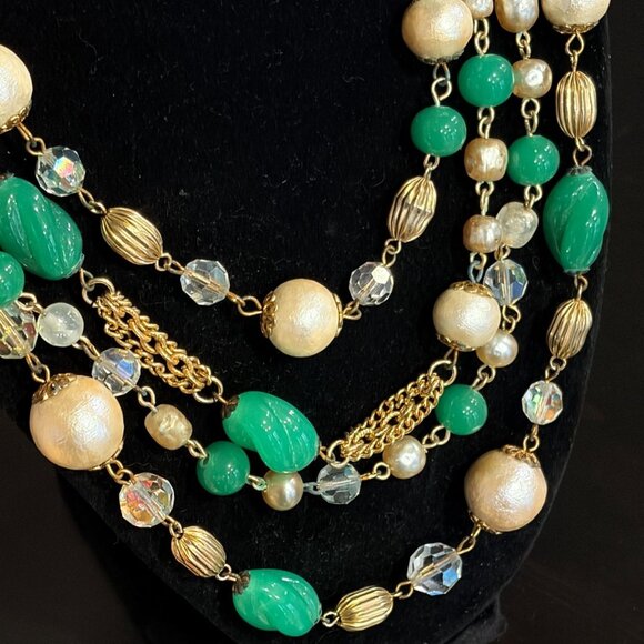 1950s Weiss-style Multi Strand Faux Jade Cotton Pearl Crystal Bead Bib Necklace - Picture 4 of 7